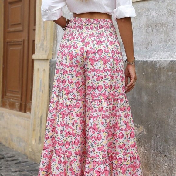 Pink Boho Women's Allover Print High Waist Wrap Around Wide Leg Pants - Picture 2 of 5